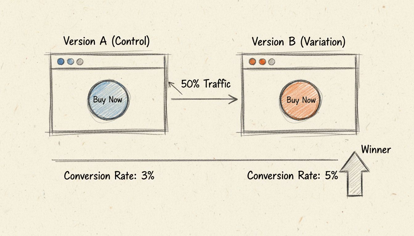 Split Testing Diagramm zeigt Version A (Kontrolle) vs. Version B (Variante) mit 50% Traffic-Aufteilung und Konversionsratenvergleich