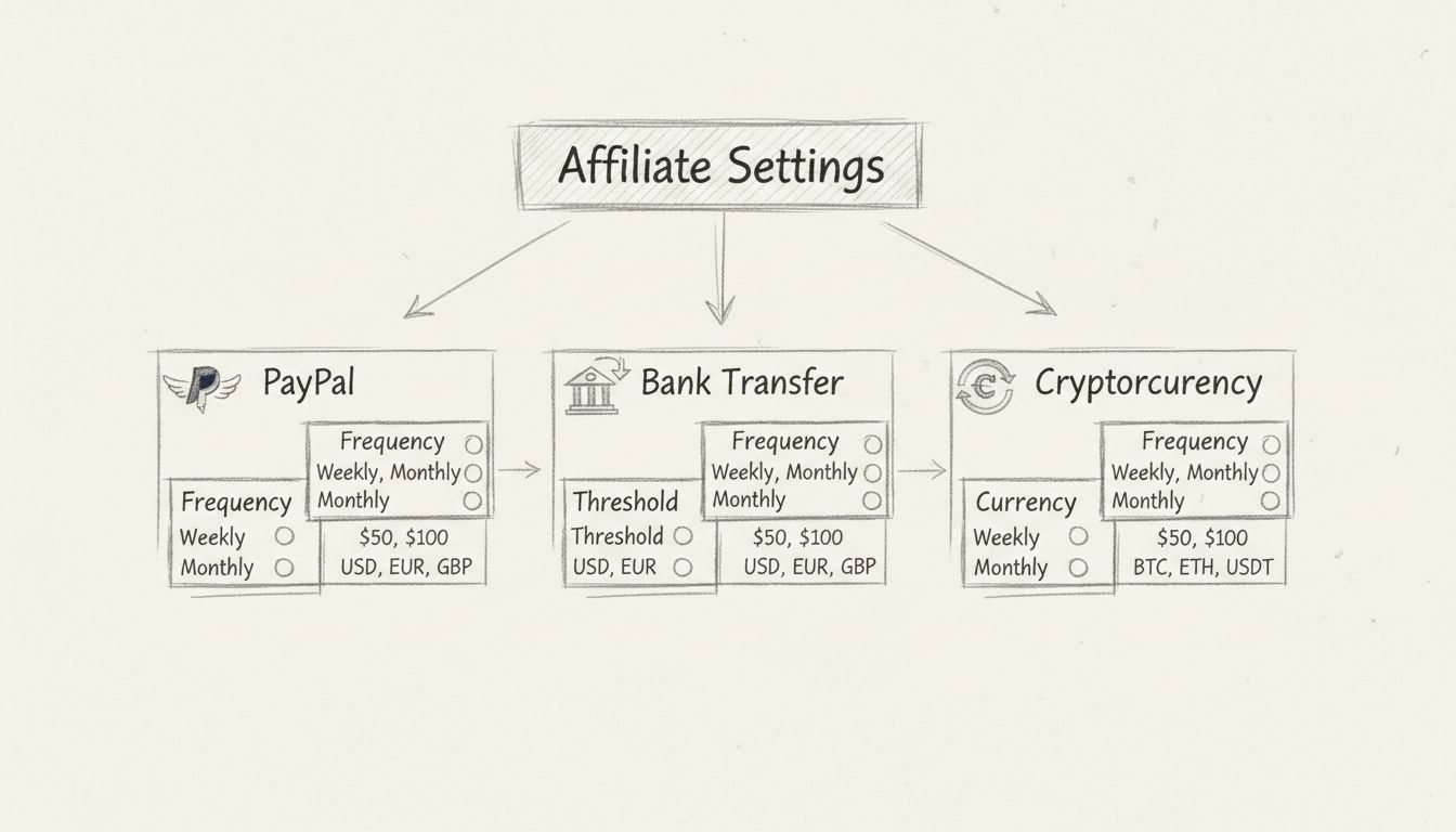 Workflow-Diagramm zur Anpassung von Affiliate-Auszahlungen mit Darstellung von Zahlungsmethoden und Frequenzoptionen
