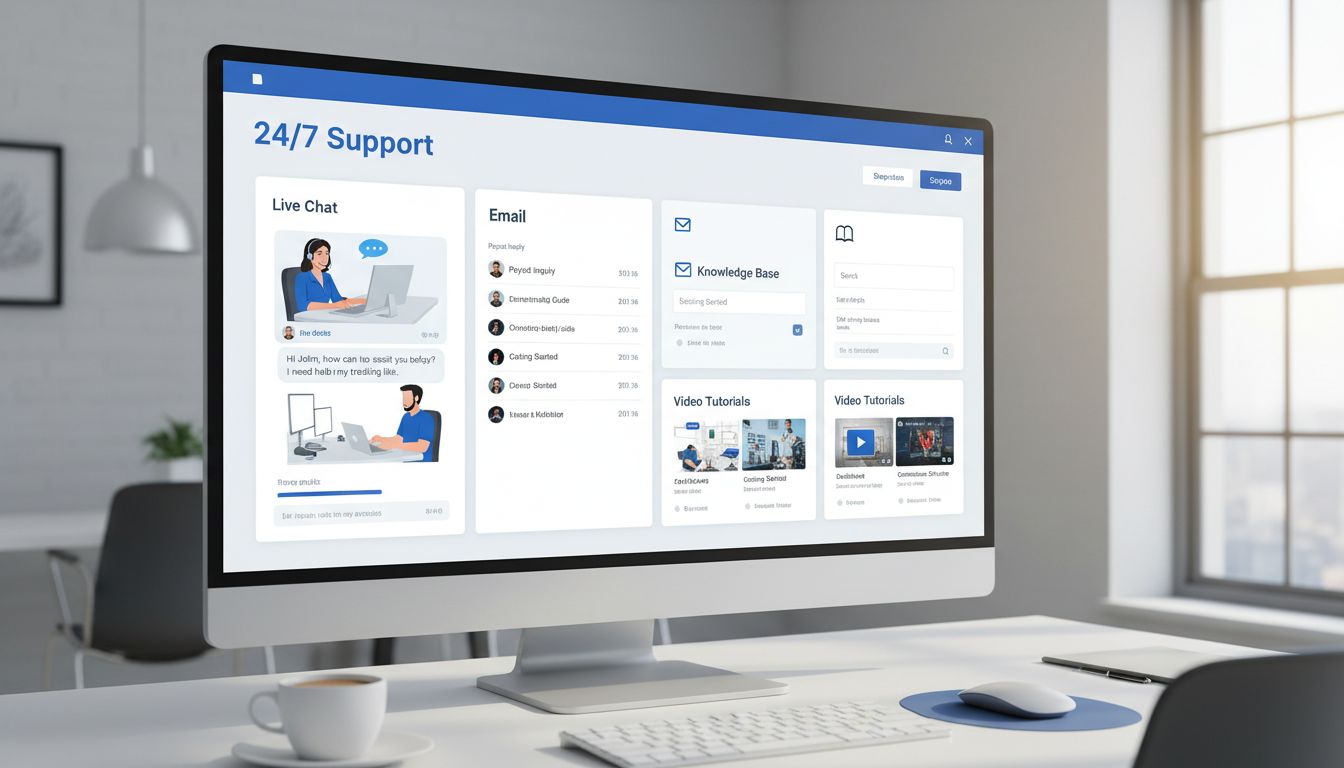 Professionelles Affiliate-Support-Dashboard mit mehreren Kommunikationskanälen, darunter Live-Chat, E-Mail, Wissensdatenbank und Video-Tutorials