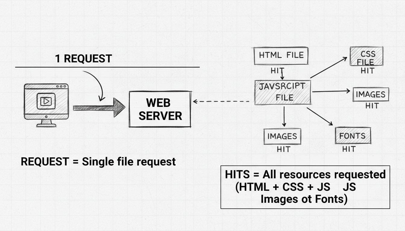 Diagramm, das den Unterschied zwischen HTTP-Anfragen und Hits zeigt, wobei eine einzelne Anfrage in mehrere Hits für HTML, CSS, JavaScript, Bilder und Schriftarten aufgeschlüsselt wird
