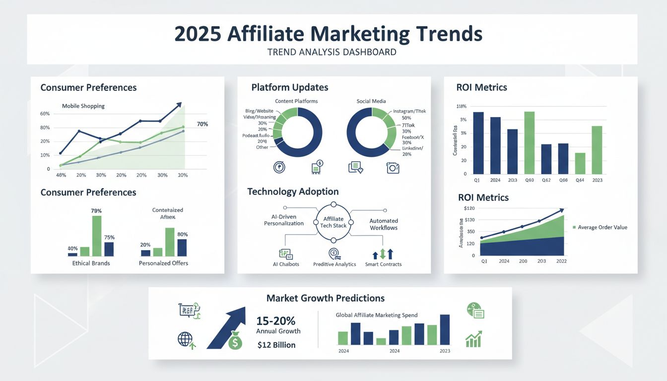 2025 Affiliate-Marketing-Trends Dashboard zeigt Analyse des Konsumentenverhaltens, Plattform-Updates, Technologie-Adoption und ROI-Metriken