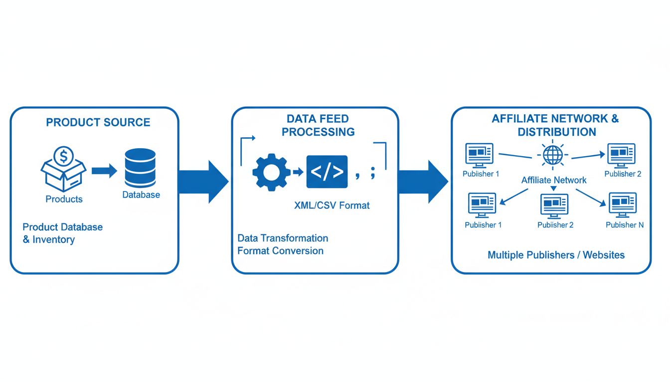 Affiliate-Datenfeed-Workflow-Diagramm zeigt Produktdatenbank, Feed-Verarbeitung und Verteilung an Publisher