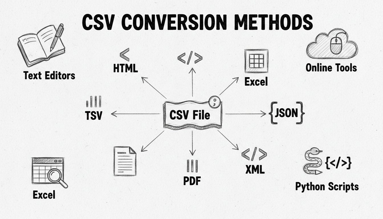 Diagramm der CSV-Konvertierungsmethoden mit verschiedenen Ausgabeformaten und Konvertierungstools