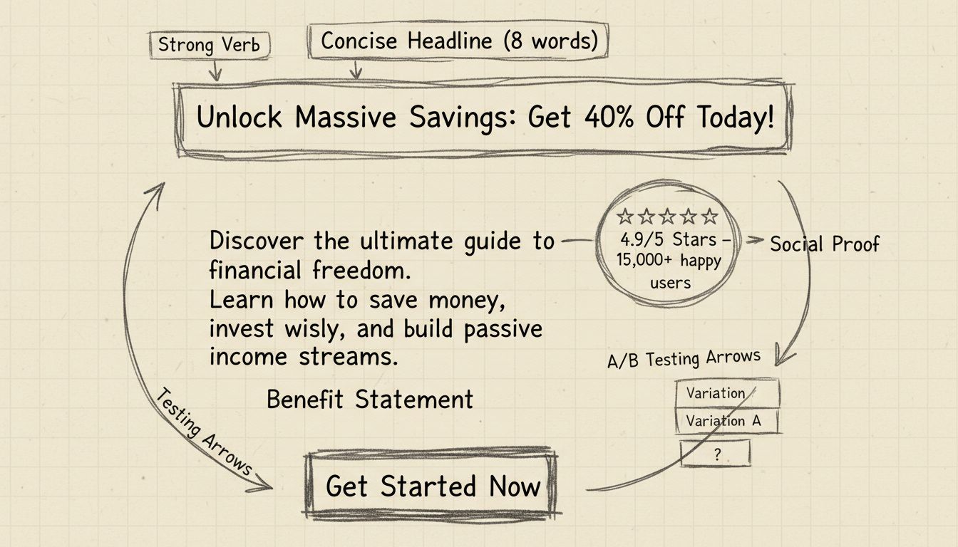 Handgezeichnetes Diagramm, das den Aufbau hochkonvertierender Affiliate-Texte zeigt – mit Anmerkungen zu prägnanten Überschriften, starken Verben, Zahlen, Nutzenargumenten, sozialen Beweisen und klaren CTAs