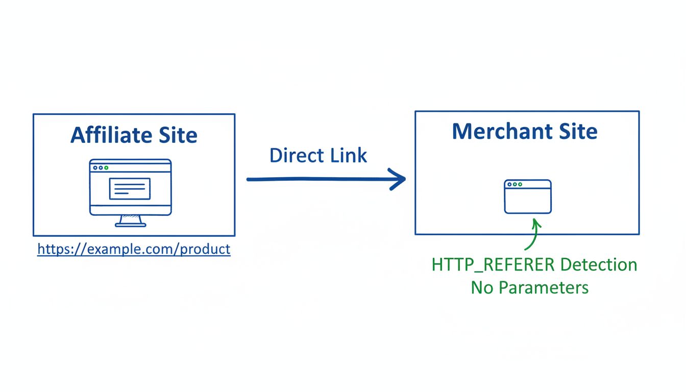 DirectLink-Tracking Ablaufdiagramm zeigt Affiliate-Seite, die mit HTTP_REFERER-Erkennung auf Händlerseite verlinkt