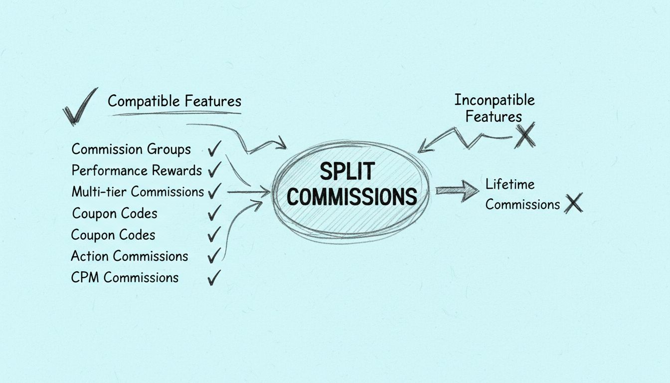 Split Commissions Feature Compatibility Matrix showing compatible and incompatible features