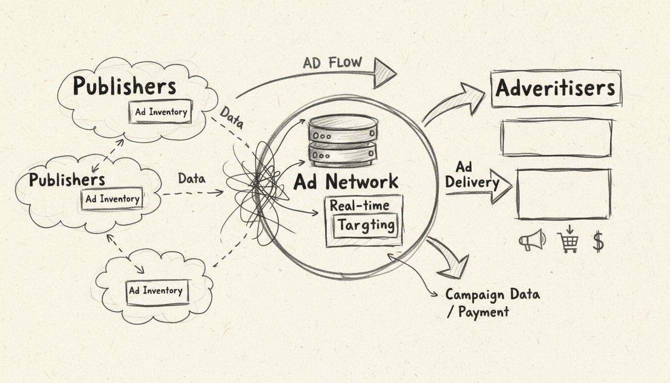 Handgezeichnetes Diagramm, das zeigt, wie Werbenetzwerke Publisher, Werbetreibende und Targeting durch Echtzeitgebote verbinden