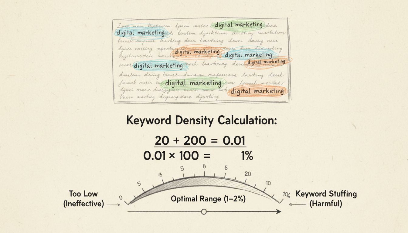 Diagramm zur Berechnung der Keyword-Dichte zeigt optimalen Bereich von 1-2 % mit Formel und Anzeige
