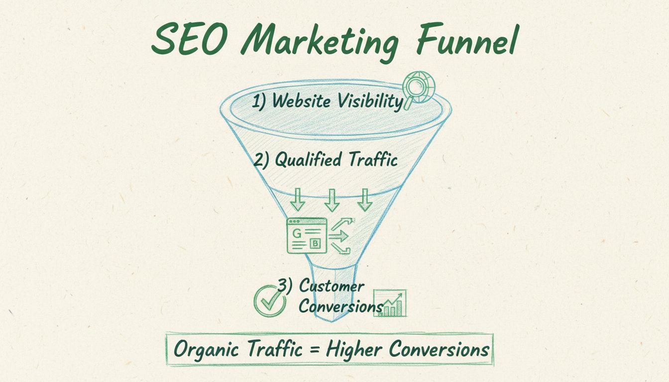 SEO Marketing Funnel showing visibility, qualified traffic, and customer conversions