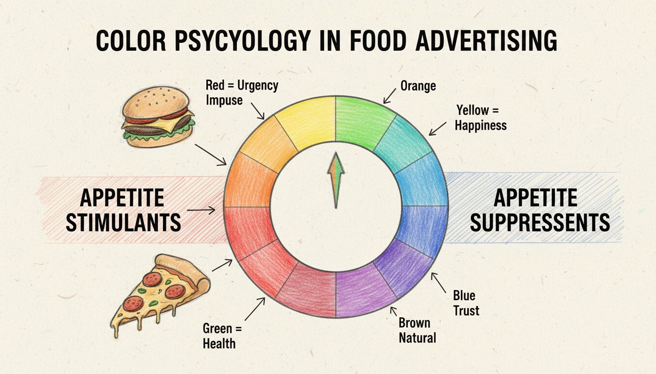 Diagramm zur Farbpsychologie: Warme Farben für Appetitanregung und kühle Farben zur Appetithemmung in der Lebensmittelwerbung
