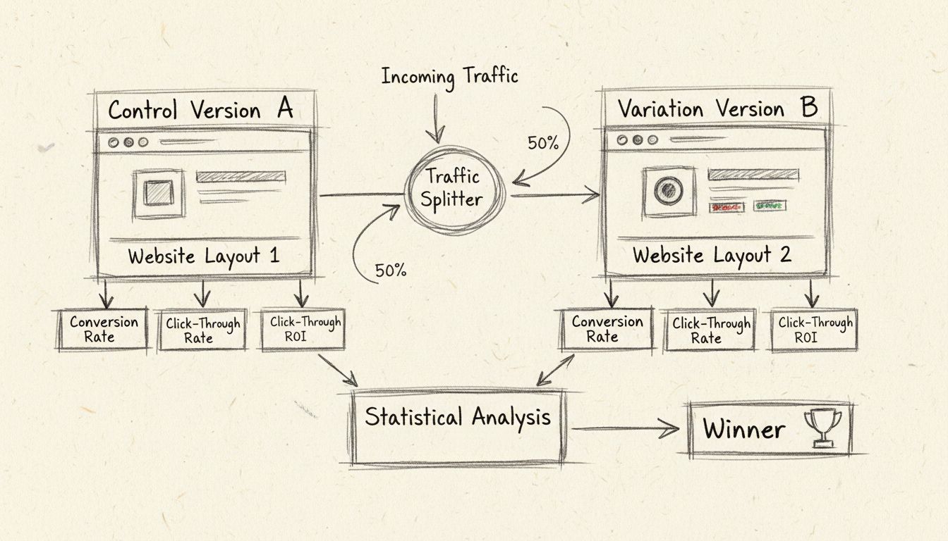 Handgezeichnetes Diagramm, das A/B-Split-Testing mit Kontrollversion A und Variation B, Visualisierung der Traffic-Aufteilung und Metrikenanalyse zeigt