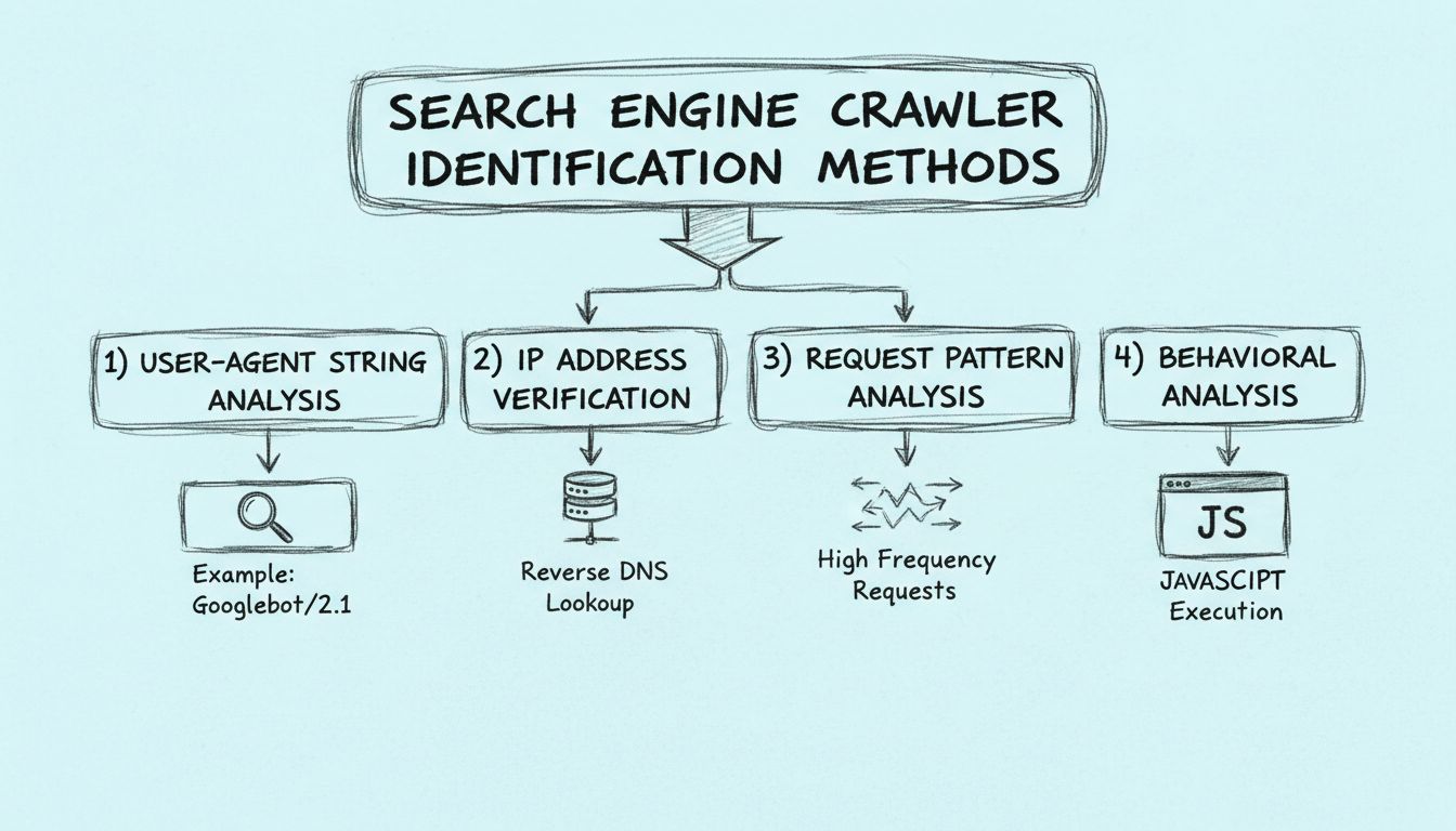 Handgezeichnetes Diagramm, das vier Methoden zur Identifikation von Suchmaschinen-Crawlern zeigt: User-Agent-String-Analyse, IP-Adressüberprüfung, Anfragemuster-Analyse und Verhaltensanalyse
