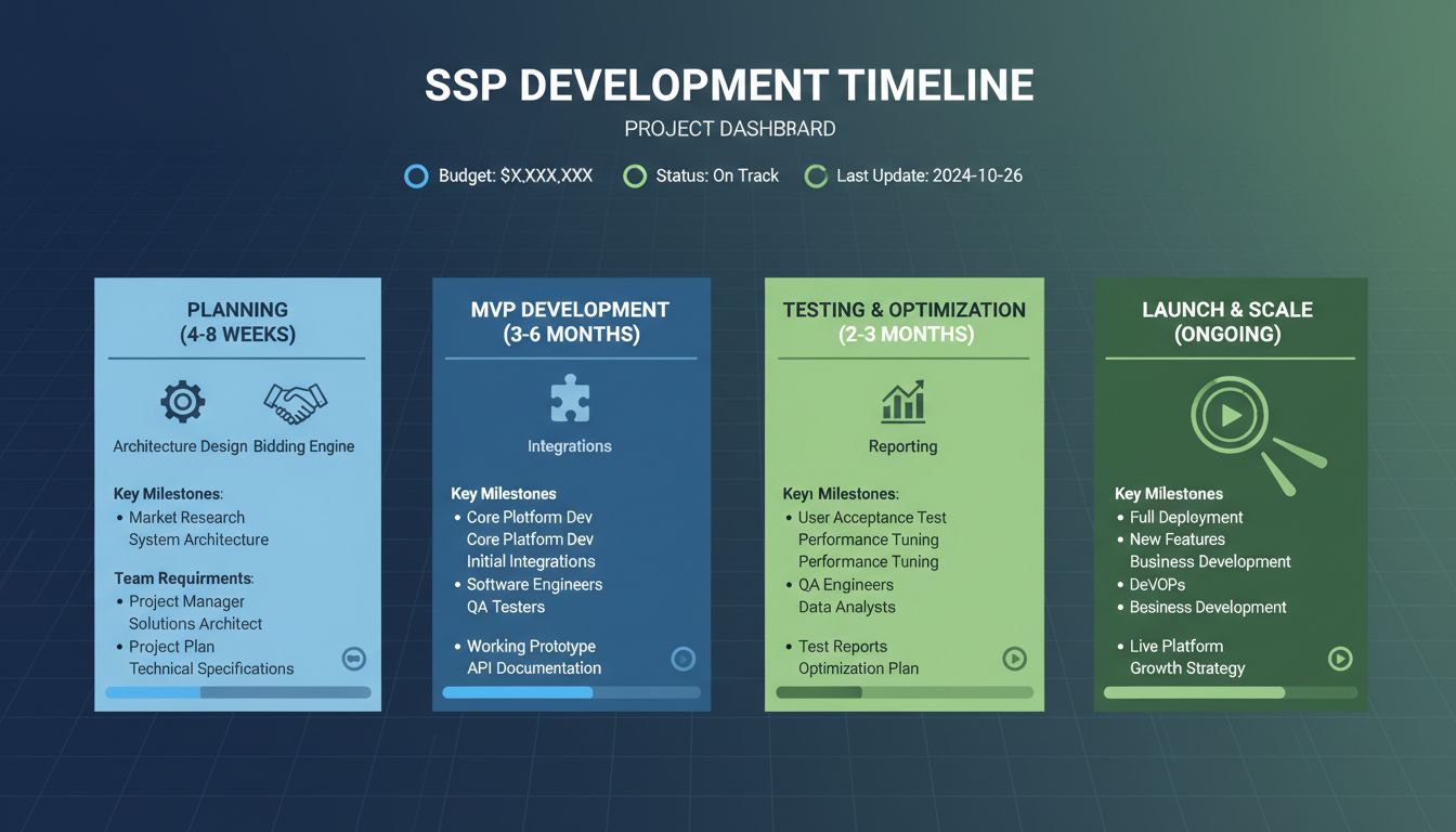 SSP Entwicklungszeitplan mit Planung, MVP-Entwicklung, Test- und Launchphasen