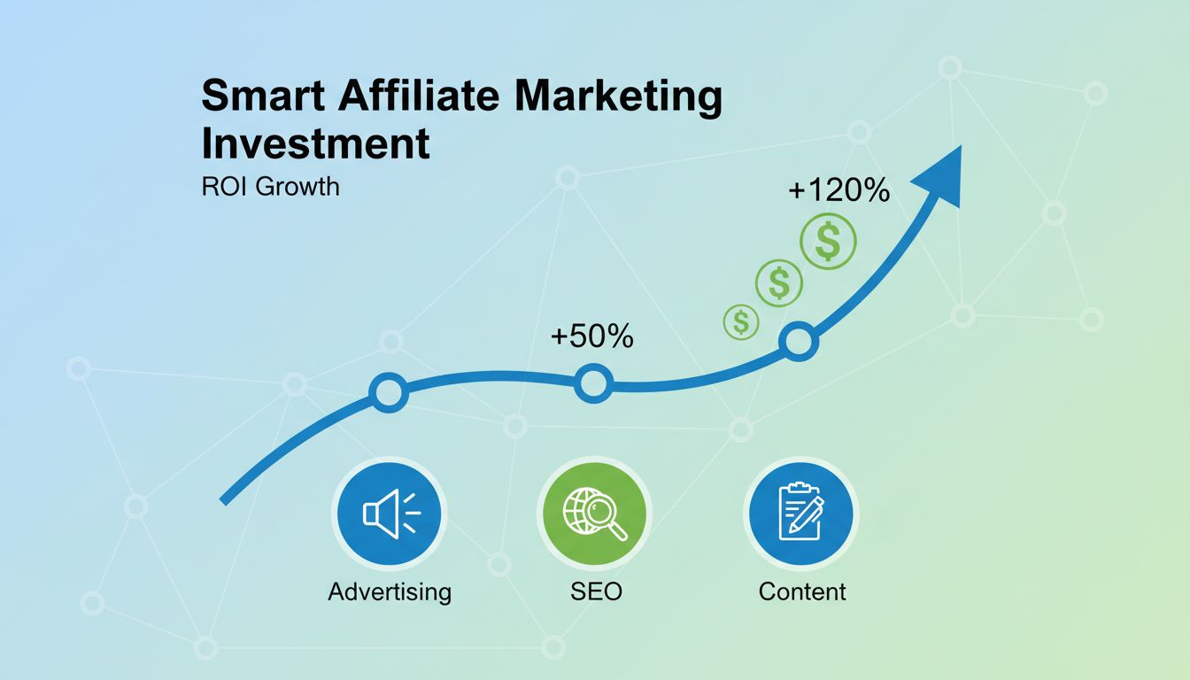 Affiliate-Marketing Investment-ROI-Wachstumsdiagramm mit Werbe-, SEO- und Content-Marketing-Renditen
