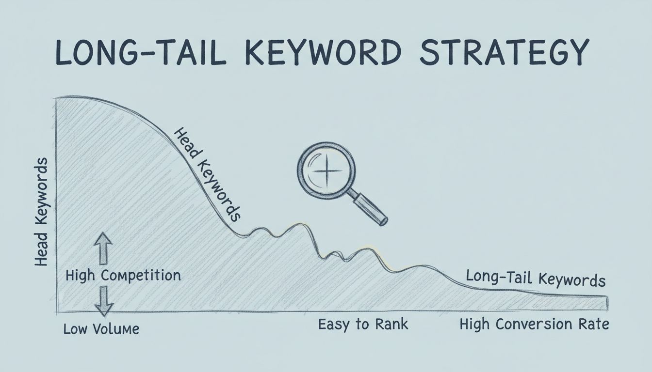 Diagramm zur Long-Tail-Keyword-Strategie mit Head-Keywords mit hoher Konkurrenz im Vergleich zu Long-Tail-Keywords mit einfacherem Ranking-Potenzial