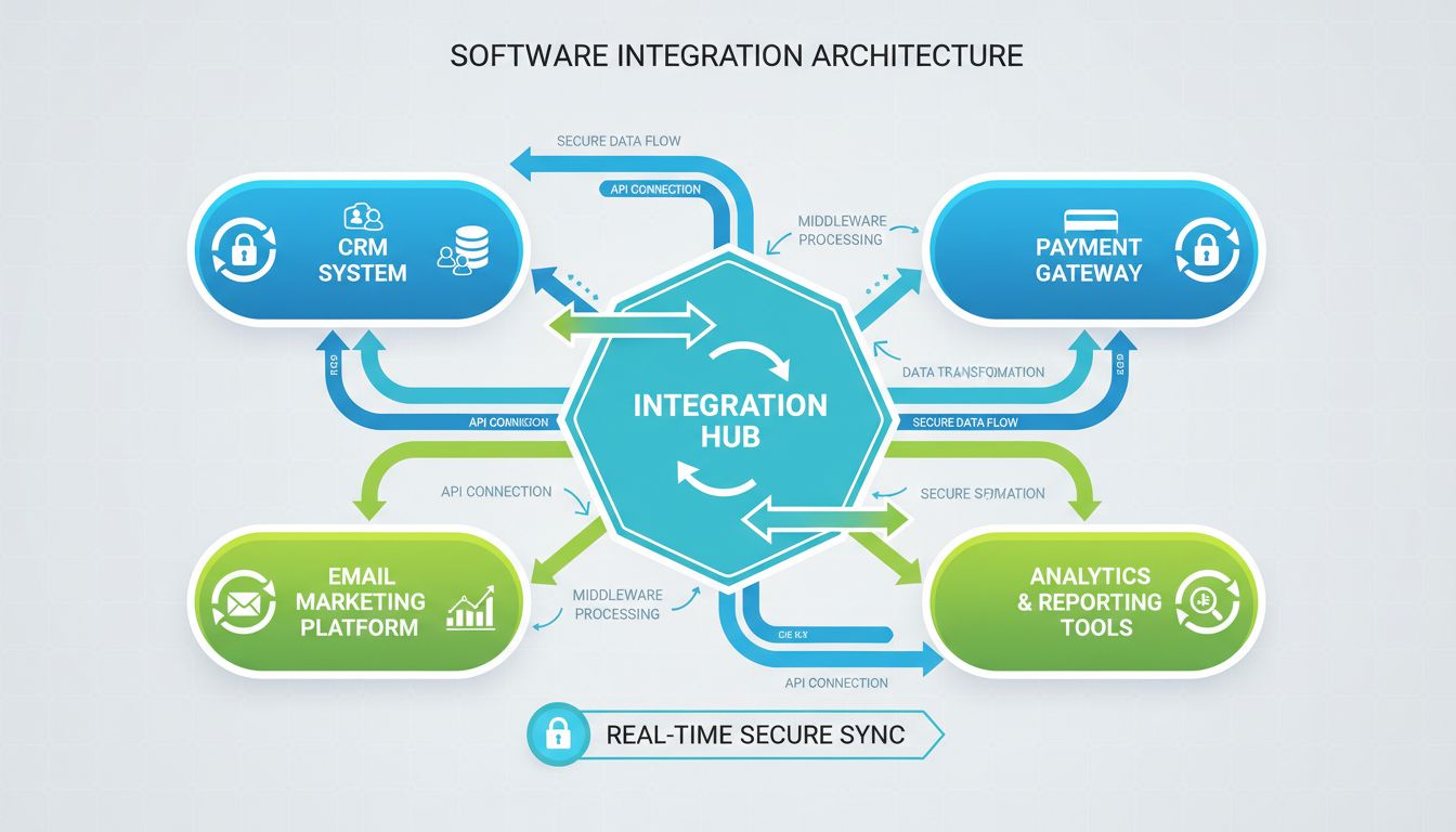 Software-Integrationsarchitektur-Diagramm, das CRM, E-Mail-Marketing, Zahlungs-Gateway und Analytics-Tools zeigt, die über einen zentralen Integrations-Hub mit APIs und Echtzeit-Synchronisierung verbunden sind