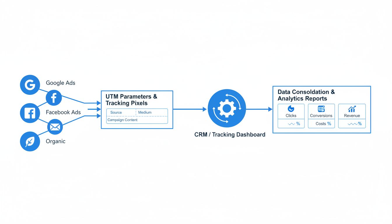Multi-Channel-Traffic-Tracking-Systemarchitektur, die den Datenfluss von verschiedenen Quellen über UTM-Parameter in ein zentrales Dashboard zeigt