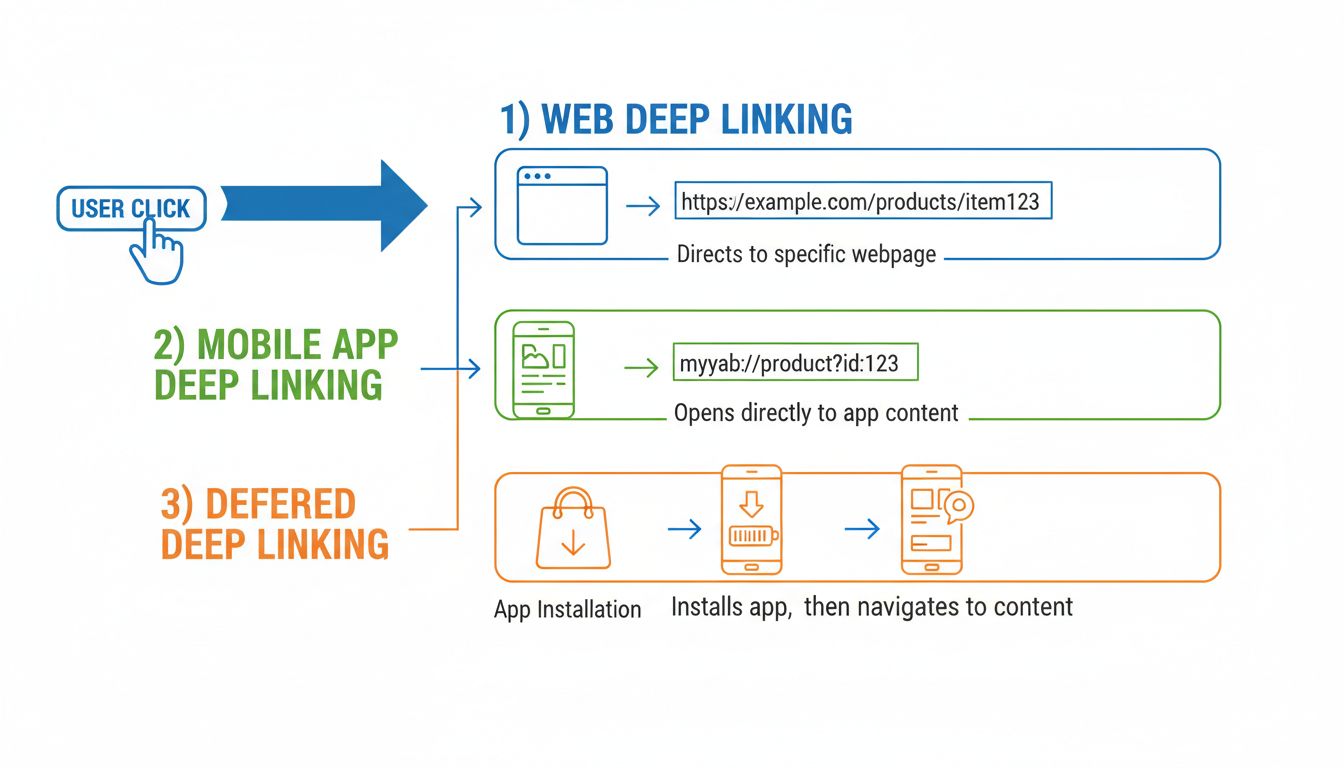 Diagramm zu Deep Linking-Typen mit Web Deep Linking, Mobile App Deep Linking und Deferred Deep Linking Workflows