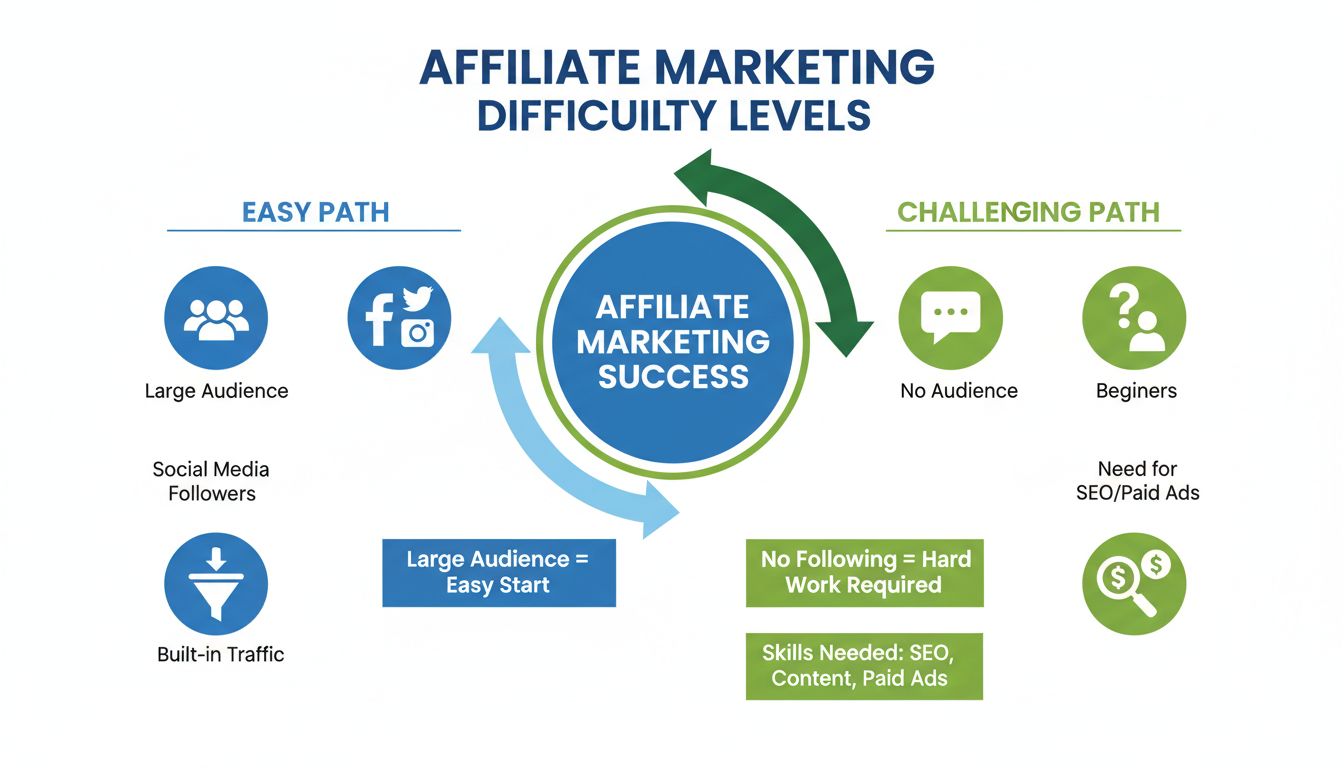 Vergleich der Schwierigkeitsgrade im Affiliate-Marketing – einfacher Weg vs. herausfordernder Weg