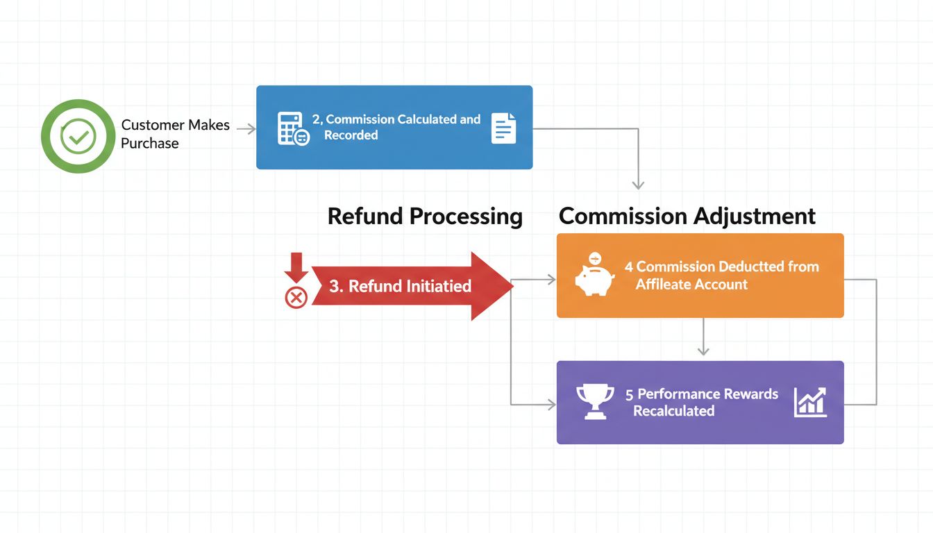 Diagramm zum Workflow von Provisionsverfolgung und Rückerstattungsbehandlung, das Kauf, Provisionsberechnung, Rückerstattungsabwicklung und Neuberechnung der Leistungsprämien zeigt