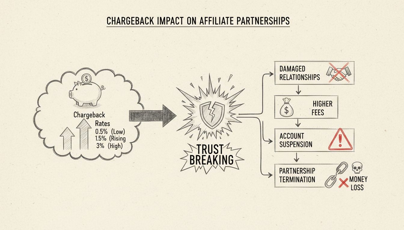 Handgezeichnetes Diagramm zeigt Auswirkungen hoher Rückbuchungsraten auf Affiliate-Partnerschaften mit steigenden Rückbuchungsraten und Konsequenzen