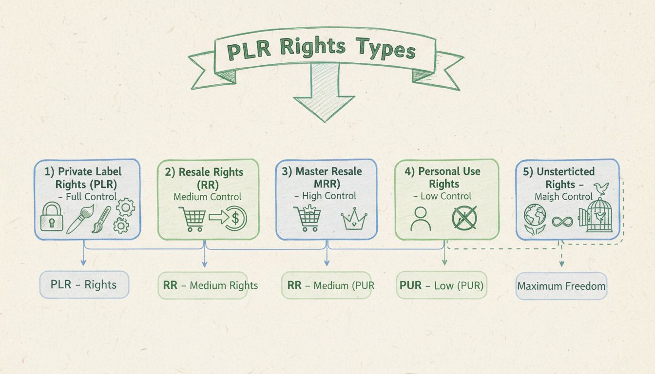 Diagramm, das 5 Arten von PLR-Rechten mit ihren Kontroll- und Freiheitsgraden zeigt
