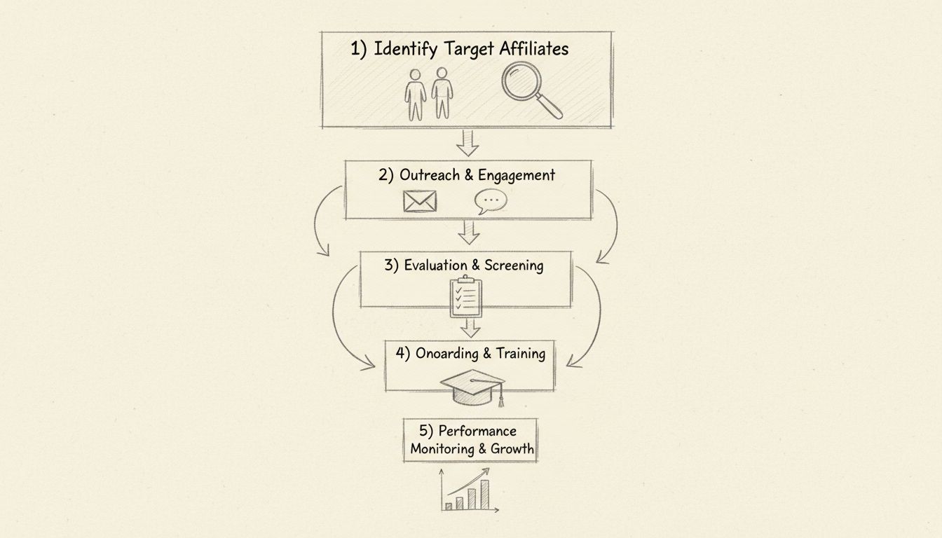 Affiliate recruitment funnel process showing five stages: identify target affiliates, outreach and engagement, evaluation and screening, onboarding and training, and performance monitoring