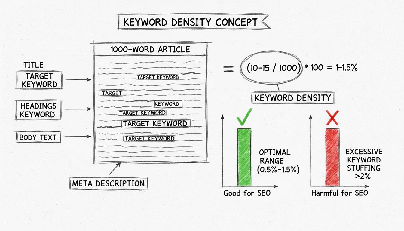 Diagramm zur Keyword-Dichte mit optimalem Bereich 0,5%-1,5%, Berechnungsbeispiel und Keyword-Platzierung in der Artikelstruktur