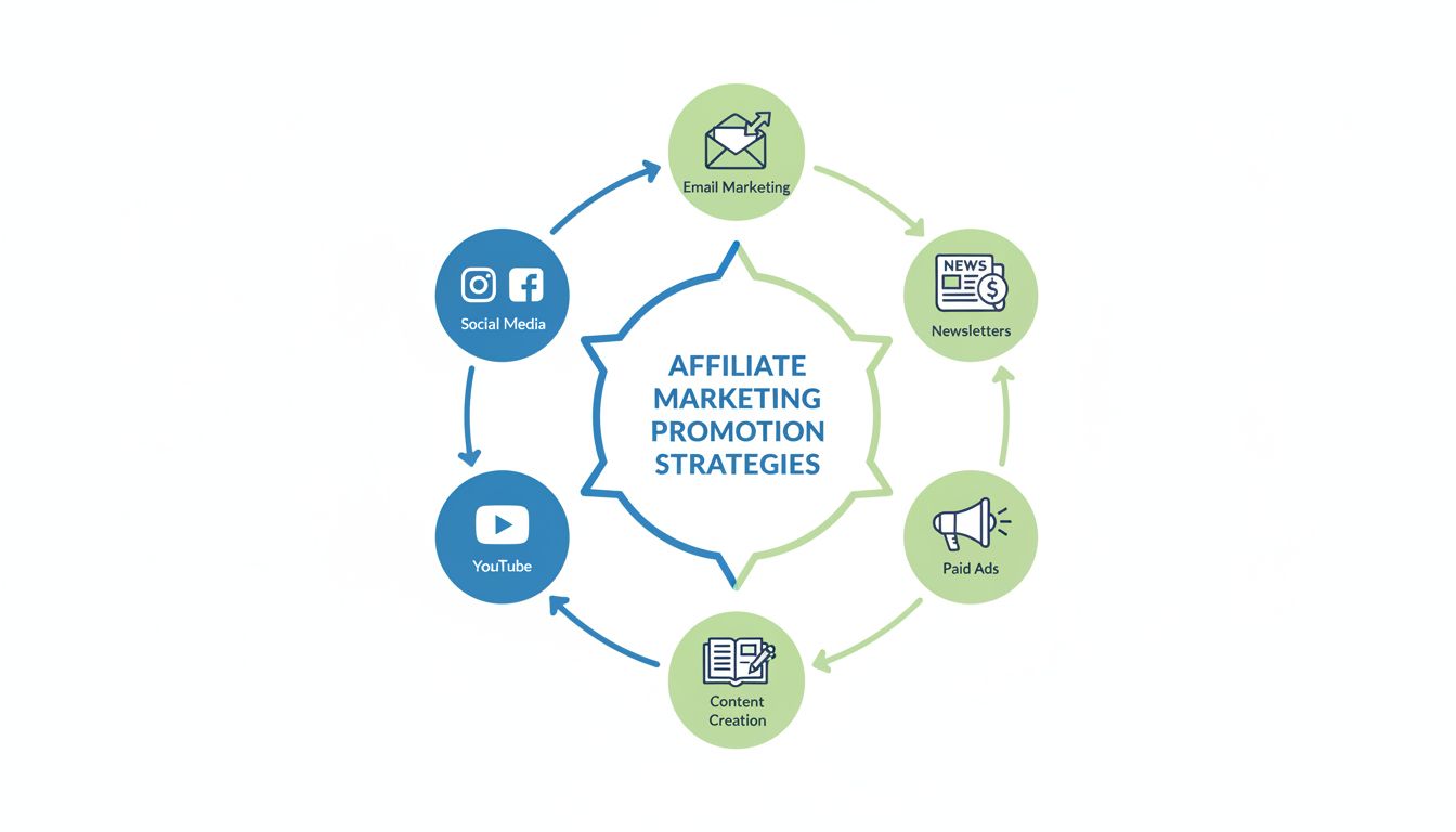 Affiliate-Marketing-Promotion-Kanäle inklusive Social Media, E-Mail-Marketing, Content-Erstellung, YouTube, bezahlte Werbung und Newsletter