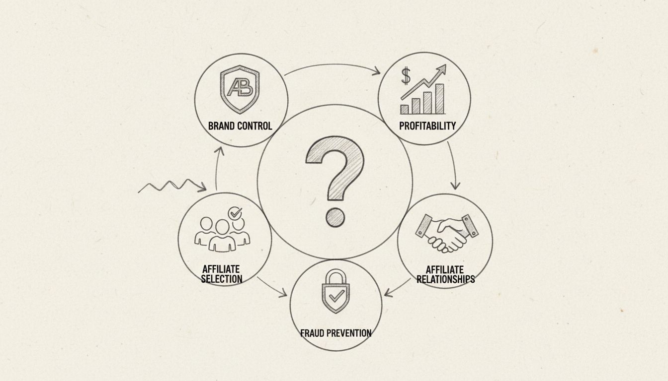 Infografik, die die fünf Hauptprobleme von Affiliate-Programmen zeigt: Markensteuerung, Affiliate-Auswahl, Rentabilität, Affiliate-Beziehungen und Betrugsprävention