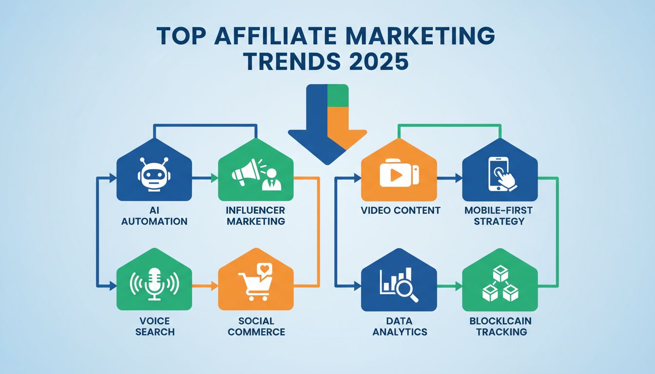 Infografik der Top-Trends im Affiliate-Marketing 2025: KI-Automatisierung, Influencer-Marketing, Videoinhalte, Mobile-First-Strategie, Sprachsuche, Social Commerce, Datenanalyse und Blockchain