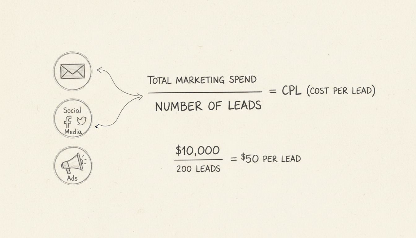 Diagramm der Kosten-pro-Lead-Formel, das zeigt, dass die gesamten Marketingausgaben durch die Anzahl der Leads geteilt werden