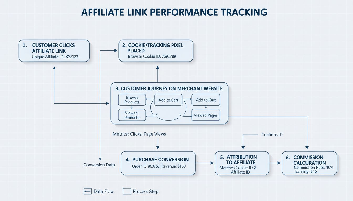 Affiliate-Link-Tracking Flussdiagramm zeigt die Customer Journey vom Klick bis zur Provision
