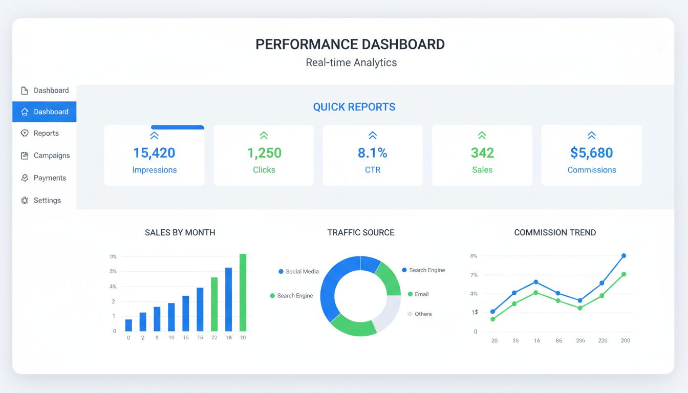 Quick Reports Dashboard showing real-time analytics with impressions, clicks, CTR, sales, and commissions metrics