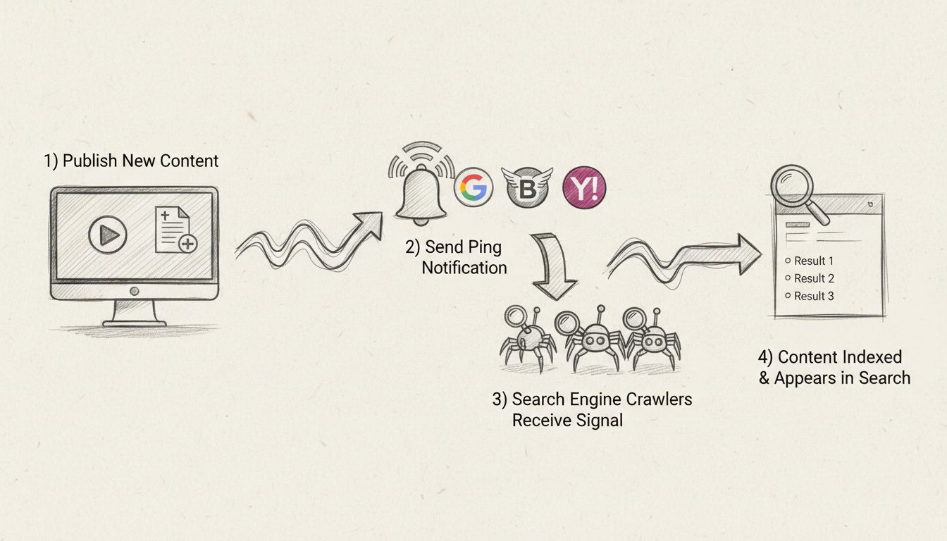 SEO-Pinging-Workflow-Diagramm zeigt Veröffentlichung von Inhalten, Ping-Benachrichtigung an Suchmaschinen, Empfang des Crawler-Signals und Indexierung in Suchergebnissen