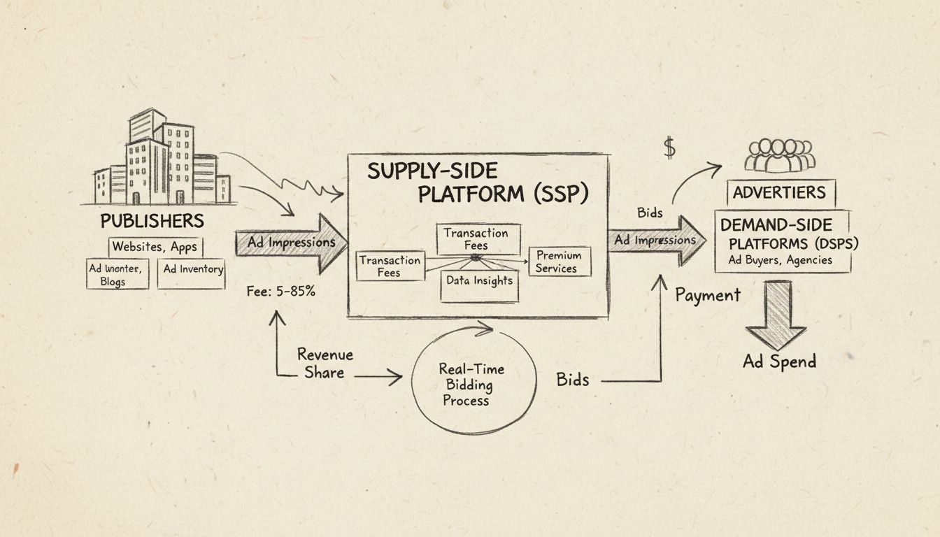 Handgezeichnetes Diagramm, das den SSP-Umsatzfluss zwischen Publishern, SSP-Plattform und Werbetreibenden mit prozentualen Gebühren zeigt