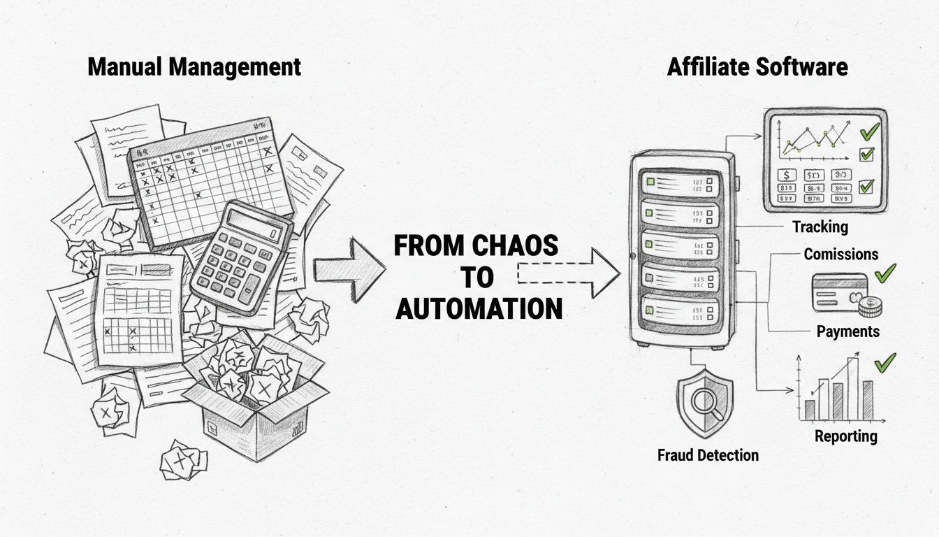 Vergleichsdiagramm, das manuelles Affiliate-Management mit Tabellen und Fehlern versus automatisierte Affiliate-Software mit Tracking, Provisionen, Betrugserkennung und Zahlungen zeigt