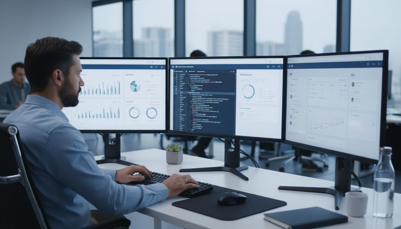 Professioneller Webmaster arbeitet am Schreibtisch mit mehreren Monitoren, die Website-Analytik, Code-Editor und SEO-Dashboard anzeigen