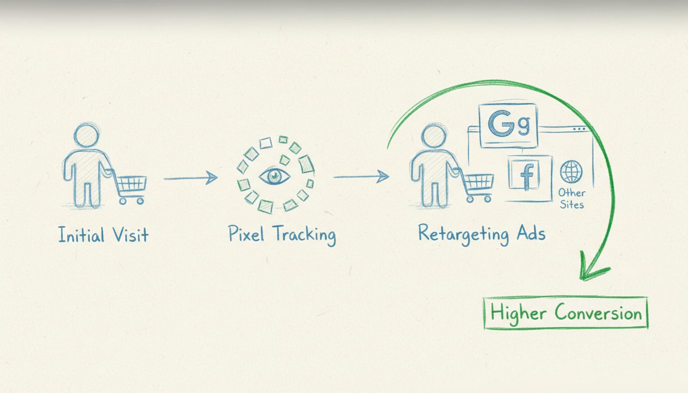 Retargeting-Funnel: Diagramm des Besucherflusses vom ersten Website-Besuch über Pixel-Tracking zu Retargeting-Anzeigen auf mehreren Plattformen