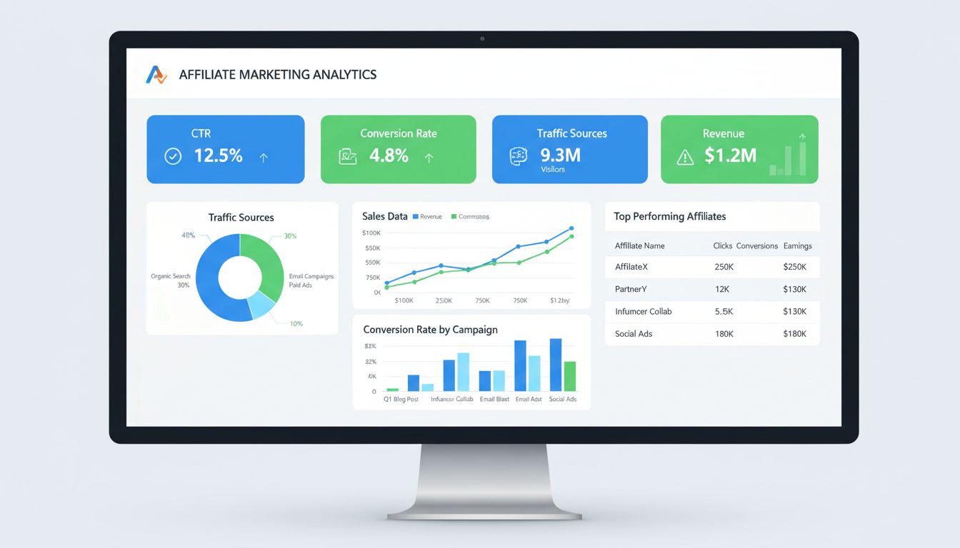 Affiliate-Marketing-Analytics-Dashboard mit Konversionsraten, CTR, Traffic-Quellen und Umsatzmetriken