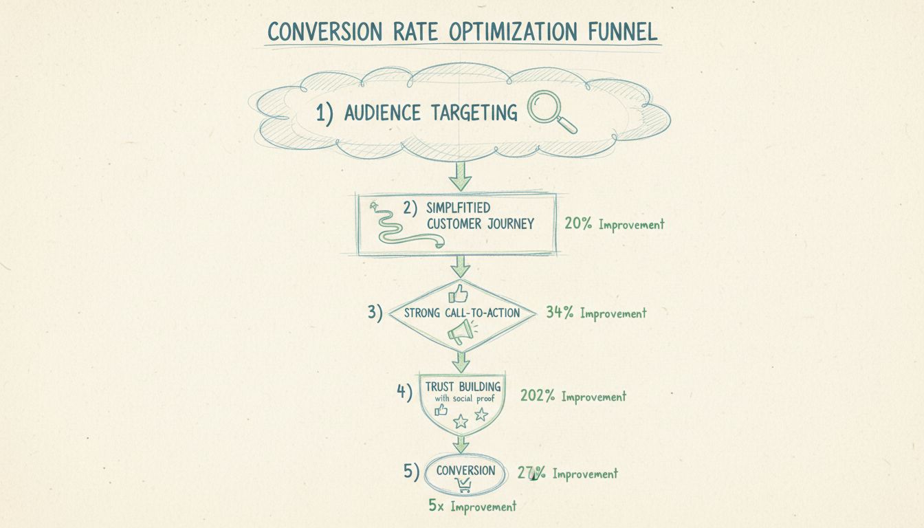 Conversion-Rate-Optimierungs-Funnel-Diagramm mit 5 Stufen: Zielgruppenausrichtung, vereinfachte Customer Journey, starker Call-to-Action, Vertrauensaufbau und Conversion mit prozentualen Verbesserungen