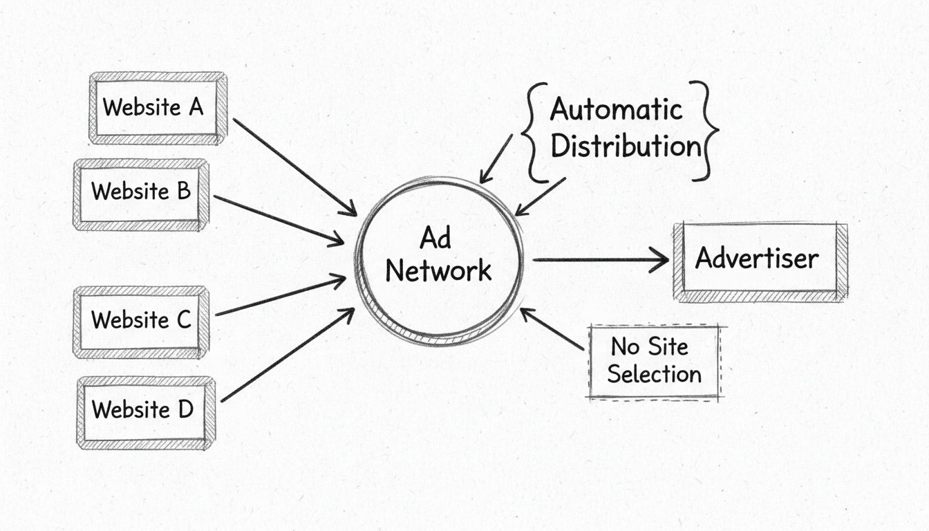 Run of Network diagram showing advertiser connecting to ad network which distributes ads across multiple websites