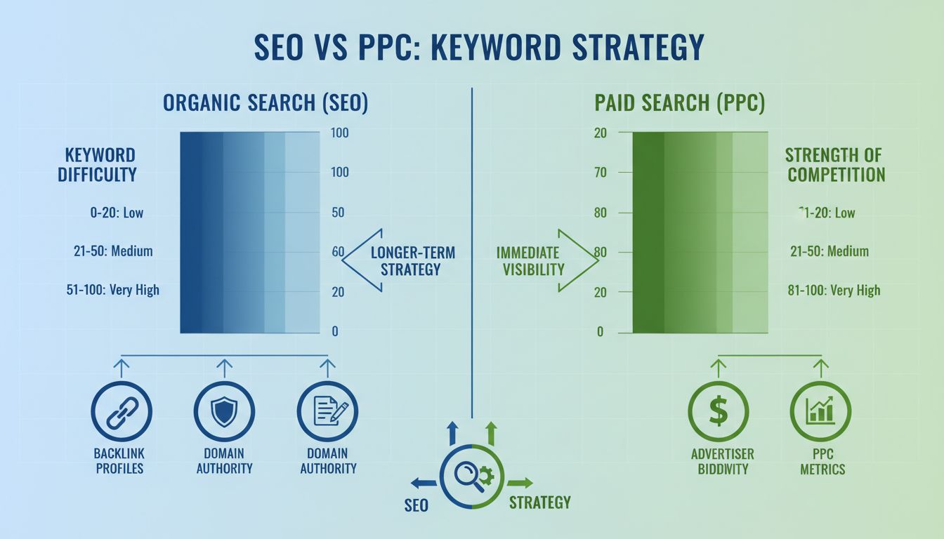 Infografik zum Vergleich von Keyword-Schwierigkeit und Wettbewerbsstärke mit organischen SEO-Metriken links und bezahlten PPC-Metriken rechts