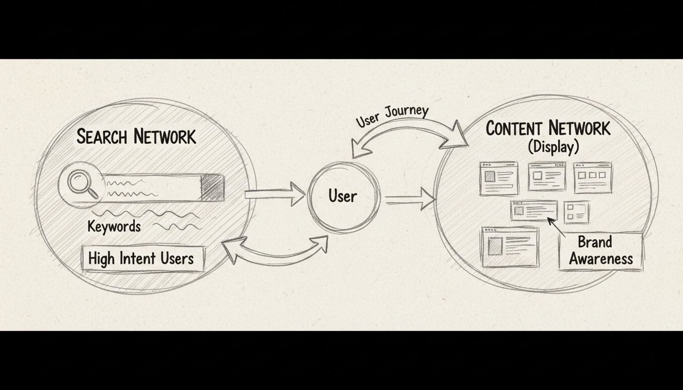 Handgezeichnetes Diagramm, das das Suchnetzwerk vs. Content-Netzwerk vergleicht, zeigt Nutzerreise, Nutzer mit hoher Kaufabsicht und Markenbekanntheit