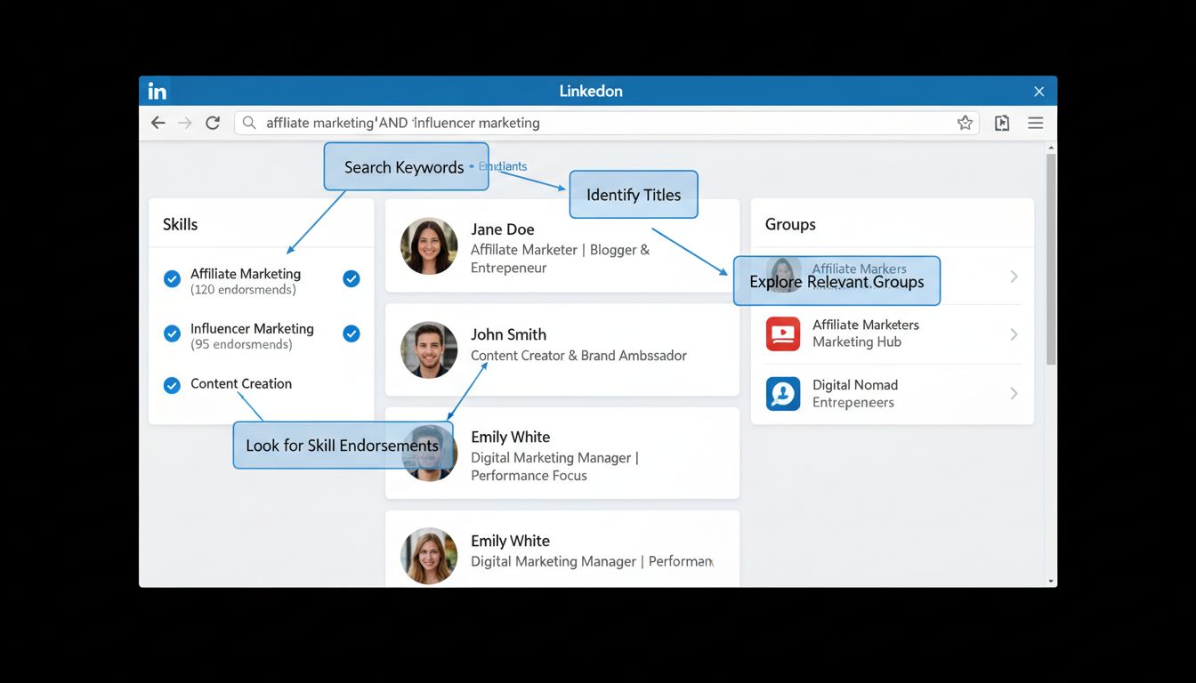 LinkedIn-Oberfläche, die zeigt, wie man Affiliate-Marketer mit Stichwortsuche, Profilanalyse und Gruppen-Engagement identifiziert