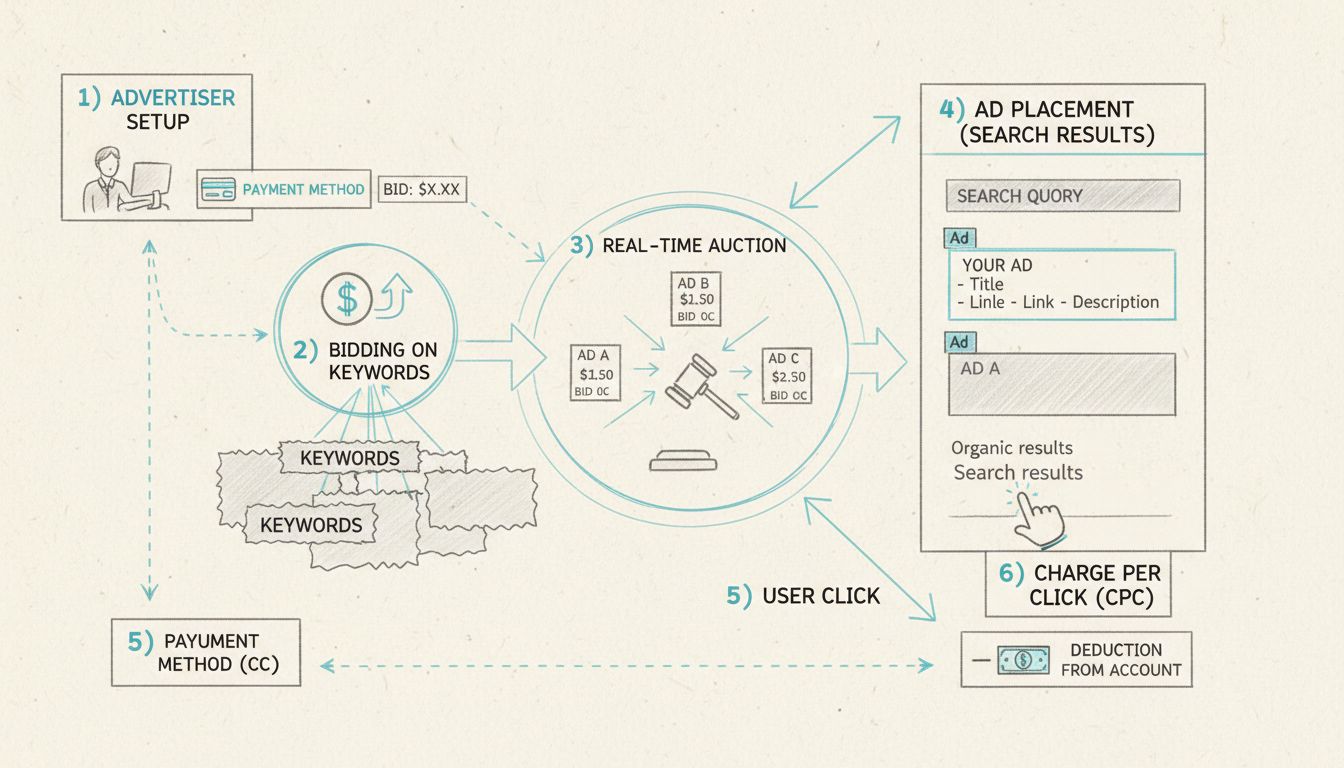 Ablaufdiagramm des Bezahlmodells für bezahlte Suche: Kontoerstellung, Keyword-Gebote, Auktionsprozess, Anzeigenplatzierung und Kosten-pro-Klick-Abrechnung