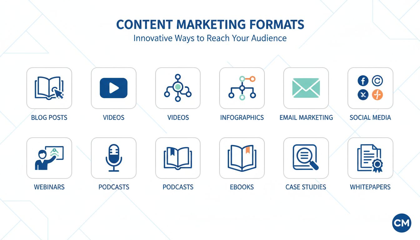 Verschiedene Formate im Content Marketing wie Blogbeiträge, Videos, Infografiken, E-Mail-Marketing, Social Media, Webinare, Podcasts, E-Books, Fallstudien und Whitepaper