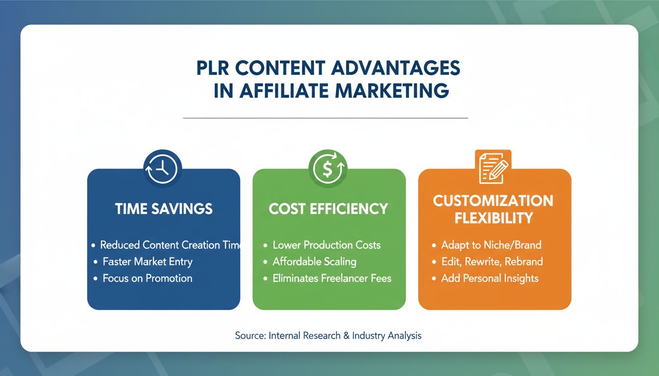 PLR content advantages infographic showing time savings, cost efficiency, and customization flexibility for affiliate marketing
