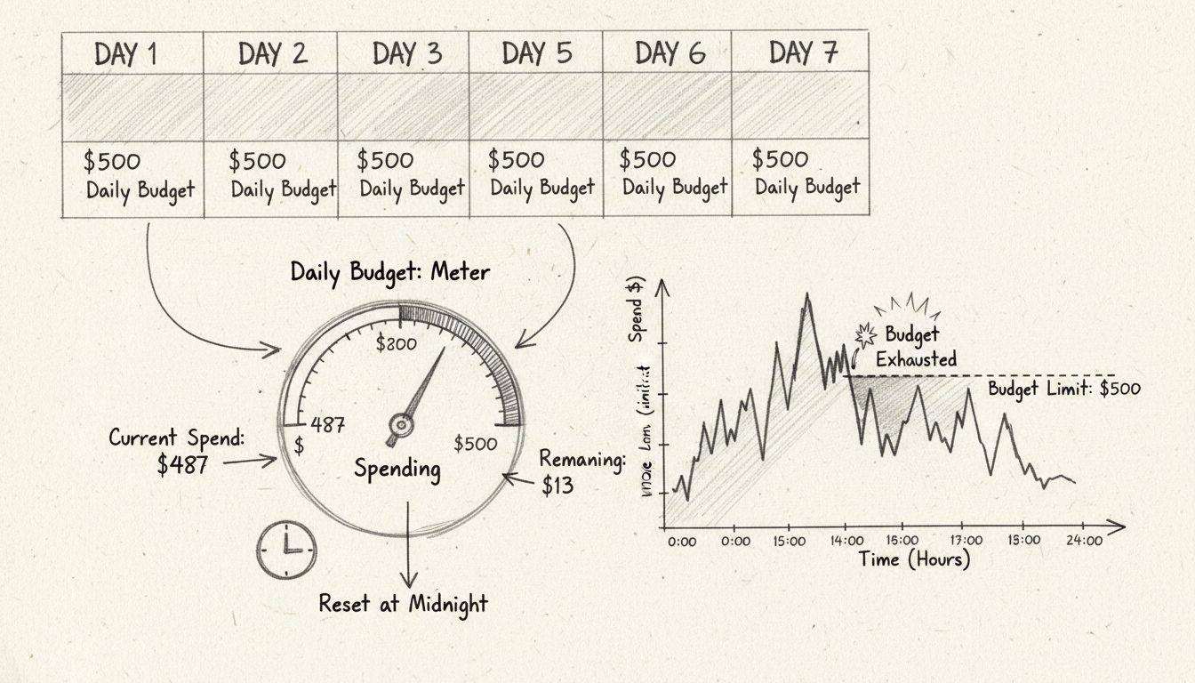Ablaufdiagramm Tagesbudget mit Ausgabenanzeige, Budget-Reset um Mitternacht und Tagesausgabenmuster