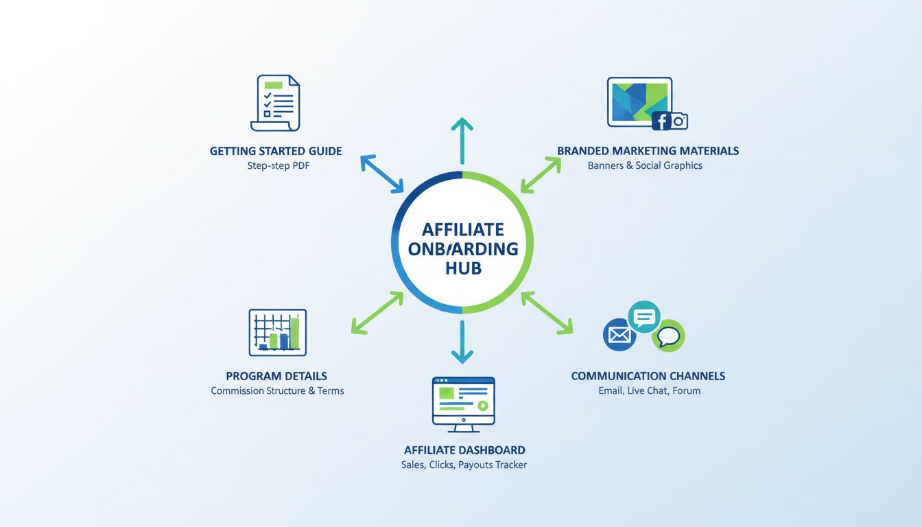 Infografik zu Affiliate-Onboarding-Materialien und Ressourcen mit Einstiegsleitfaden, gebrandeten Marketingmaterialien, Programmdetails, Kommunikationskanälen und Affiliate-Dashboard